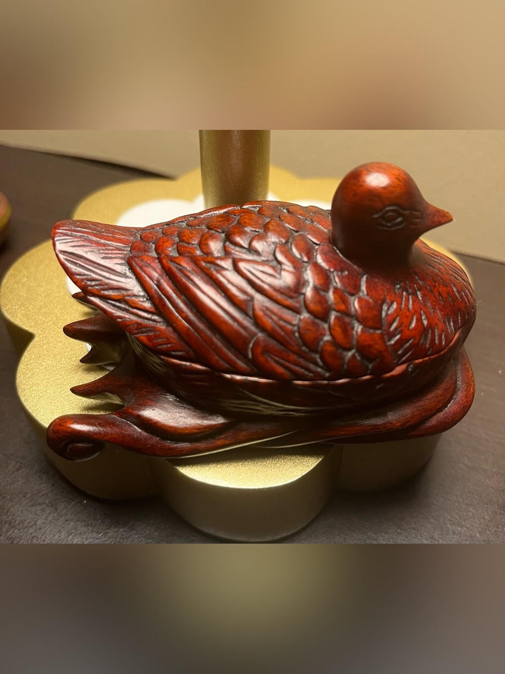 Carved Redwood Duck Figurine - Rich Mahogany Tone likely Mandarin Antique